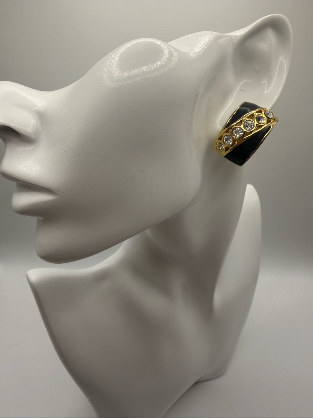 Vintage Black Enamel Rhinestone Clip-On Earrings Gold Tone Statement Heavy